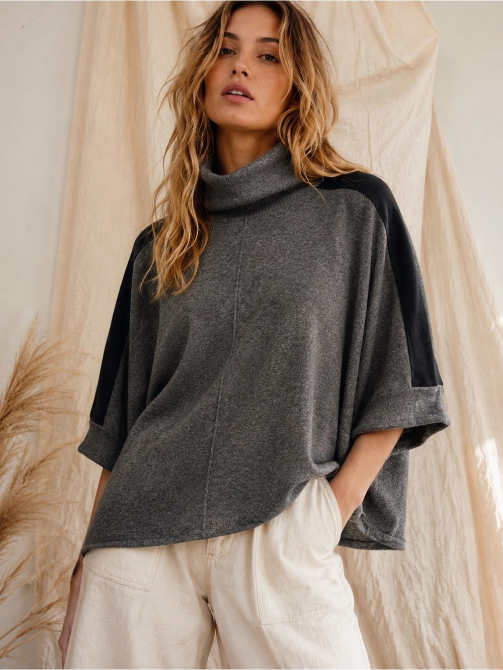 100% CASHMERE Boxy Turtleneck Sweater Dolman Sleeves Lagenlook Gray Size Small